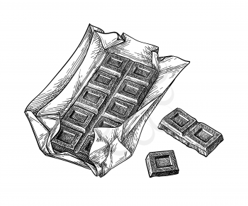 Bar of milk chocolate. Ink sketch isolated on white background. Hand drawn vector illustration. Retro style. 