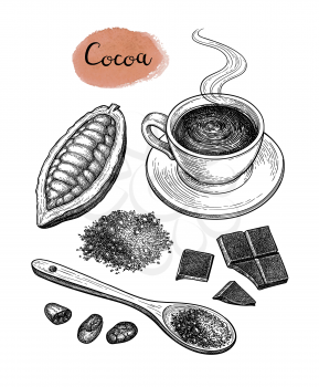 Cocoa and chocolate set. Ink sketch isolated on white background. Hand drawn vector illustration. Retro style.