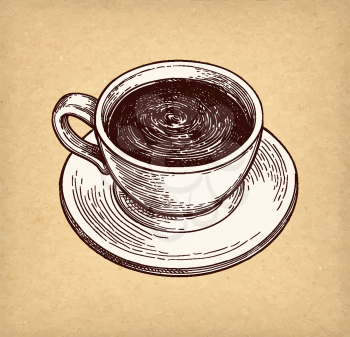 Cup of hot chocolate or coffee. Ink sketch on old paper background. Hand drawn vector illustration. Retro style. 