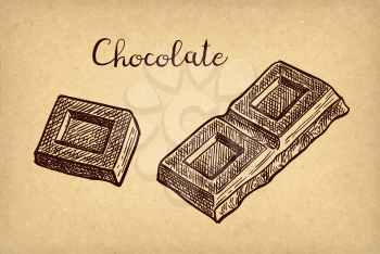 Piece of milk chocolate. Ink sketch on old paper background. Hand drawn vector illustration. Retro style.