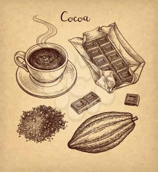 Cocoa and chocolate set. Ink sketch on old paper background. Hand drawn vector illustration. Retro style.
