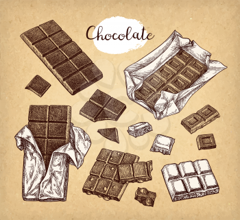 Chocolate set. Ink sketch on old paper background. Hand drawn vector illustration. Retro style. 