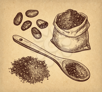 Cocoa set. Ink sketch on old paper background. Hand drawn vector illustration. Retro style. 
