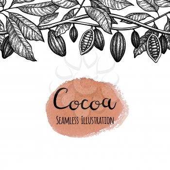 Seamless illustration of cocoa. Branches and pods. Ink sketch isolated on white background. Hand drawn vector illustration. Retro style.