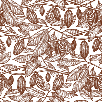 Seamless pattern with cocoa. Branches and pods. Hand drawn vector illustration. Retro style ink sketch .