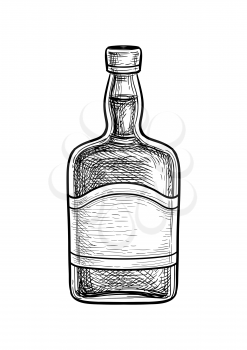 Whiskey bottle. Ink sketch isolated on white background. Hand drawn vector illustration. Retro style.