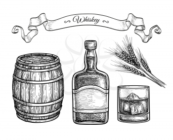 Whiskey set. Ink sketch isolated on white background. Hand drawn vector illustration. Retro style.