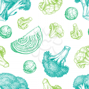 Seamless pattern with cabbage. Ink sketch isolated on white background. Hand drawn vector illustration. Retro style.