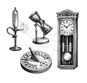 Types of antique watches. Sundial, hourglass and pendulum clock. Time measuring oil lamp. Ink sketch isolated on white background. Hand drawn vector illustration. Retro style.