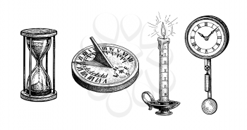 Different types of antique clocks. Sundial, hourglass, candle and pendulum clock. Time measurement history. Ink sketch isolated on white background. Hand drawn vector illustration. Retro style.