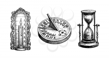 Different types of antique clocks. Sundial, hourglass and candle clock. Time measurement history. Ink sketch isolated on white background. Hand drawn vector illustration. Retro style.