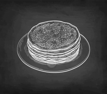 French crepes or Russian blinis. Chalk sketch on blackboard background. Hand drawn vector illustration. Retro style.