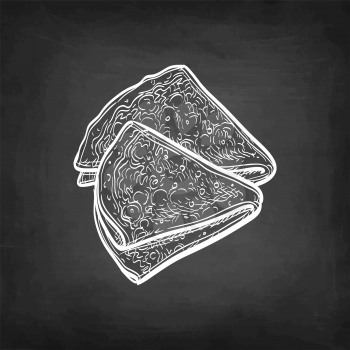 Folded French crepes or Russian blinis. Chalk sketch on blackboard background. Hand drawn vector illustration. Retro style.