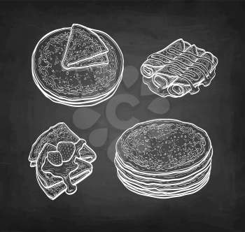 French crepes or Russian blinis with strawberries and syrup. Chalk sketches set on blackboard background. Hand drawn vector illustration. Retro style.