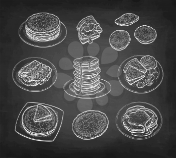 Big set. Pancakes and French crepes or Russian blinis with strawberries and syrup. Chalk sketch on blackboard background. Hand drawn vector illustration. Retro style.