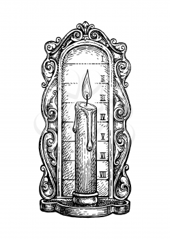 Candle clock. Ink sketch isolated on white background. Hand drawn vector illustration. Retro style.