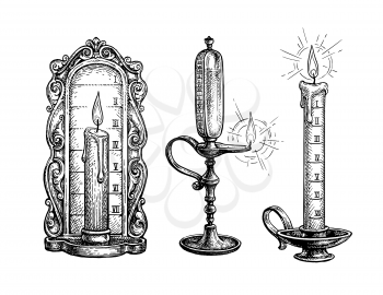 Candle and oli lamp clock. Ink sketch isolated on white background. Hand drawn vector illustration. Retro style.