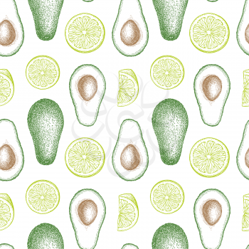 Guacamole sauce ingredients. Seamless pattern with avocado and lime. Ink sketch isolated on white background. Hand drawn vector illustration. Retro style.
