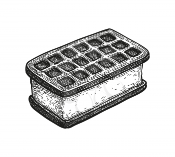 Ice cream sandwich with chocolate waffles. Ink sketch isolated on white background. Hand drawn vector illustration. Retro style.