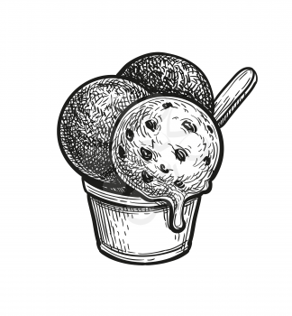 Three scoops of chocolate ice cream with cookies. Ink sketch isolated on white background. Hand drawn vector illustration. Retro style.
