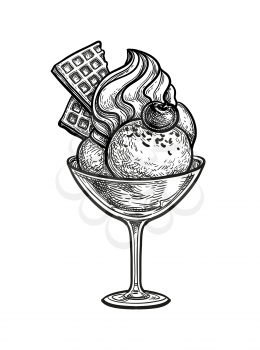 Three scoops of ice cream with waffles and wripped cream, cherry and chocolate chip. Ink sketch isolated on white background. Hand drawn vector illustration. Retro style.