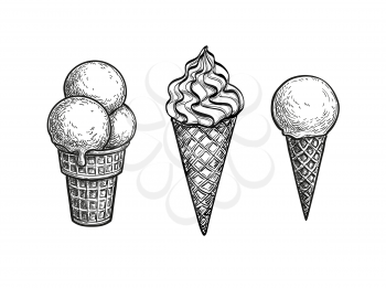 Ice cream cones. Ink sketch isolated on white background. Hand drawn vector illustration. Retro style.