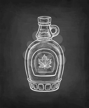 Maple syrup bottle. Chalk sketch on blackboard background. Hand drawn vector illustration. Retro style.