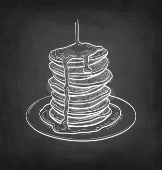 Pancakes with maple syrup. Chalk sketch on blackboard background. Hand drawn vector illustration. Retro style.