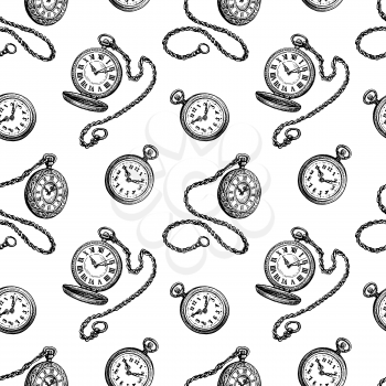 Pocket watch. Seamless pattern. Ink sketches on white background. Hand drawn vector illustration. Retro style.