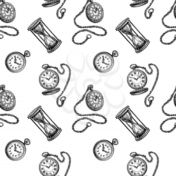 Seamless pattern with clock pocket watch and hourglass. Ink sketch isolated on white background. Hand drawn vector illustration. Retro style.