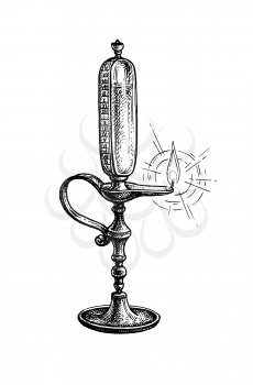 Oil-lamp clock. Ink sketch isolated on white background. Hand drawn vector illustration. Retro style.