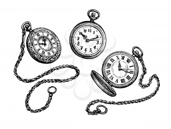 Pocket watch set. Ink sketch isolated on white background. Hand drawn vector illustration. Retro style.