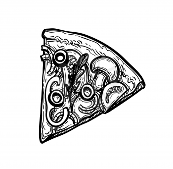 Sliced vegetarian pizza topped with mushrooms, olives and arugula. Ink sketch isolated on white background. Hand drawn vector illustration. Retro style.