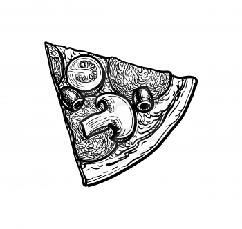 Slice of pizza topped with mushrooms, olives and sausage. Ink sketch isolated on white background. Hand drawn vector illustration. Retro style.