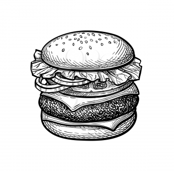 Hamburger. Ink sketch isolated on white background. Hand drawn vector illustration. Retro style.