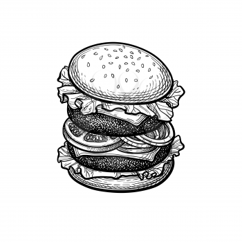 Double patty burger. Ink sketch isolated on white background. Hand drawn vector illustration. Retro style.