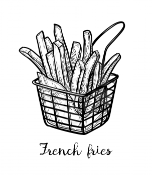 French fries. Fried potatoes. Ink sketch isolated on white background. Hand drawn vector illustration. Retro style.