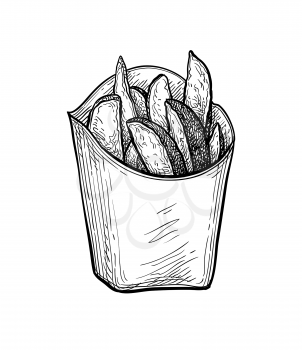 Potato wedges. Ink sketch isolated on white background. Hand drawn vector illustration. Retro style.