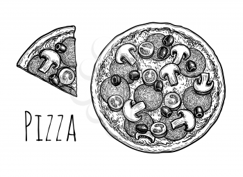 Pizza topped with mushrooms, olives and sausage. Ink sketch isolated on white background. Hand drawn vector illustration. Retro style.