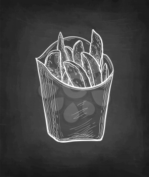 Potato wedges. Chalk sketch on blackboard background. Hand drawn vector illustration. Retro style.