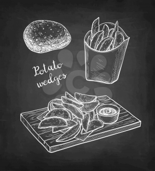 Potato wedges with sauce. Chalk sketch on blackboard background. Hand drawn vector illustration. Retro style.