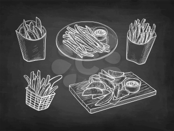 Potato wedges and French fries. Chalk sketch on blackboard background. Hand drawn vector illustration. Retro style.