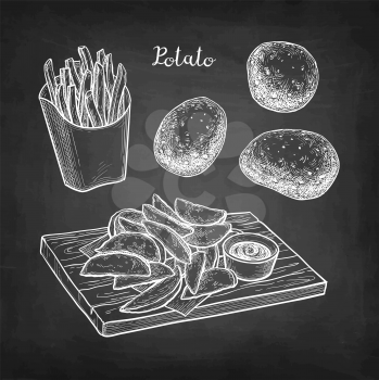Potato wedges and French fries. Chalk sketch on blackboard background. Hand drawn vector illustration. Retro style.