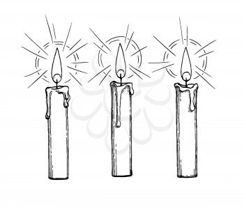 Thin candles burning. Ink sketch isolated on white background. Hand drawn vector illustration. Retro style.