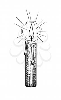 Thin candle burning. Ink sketch isolated on white background. Hand drawn vector illustration. Retro style.