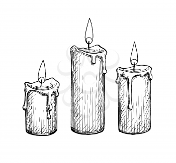 Thick candles burning. Ink sketch isolated on white background. Hand drawn vector illustration. Retro style.