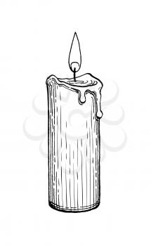 Thick candle burning. Ink sketch isolated on white background. Hand drawn vector illustration. Retro style.