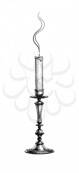 Extinguished candle in candlestick. Ink sketch isolated on white background. Hand drawn vector illustration. Retro style.