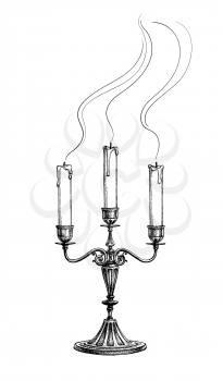 Extinguished candles in candelabrum. Ink sketch isolated on white background. Hand drawn vector illustration. Retro style.