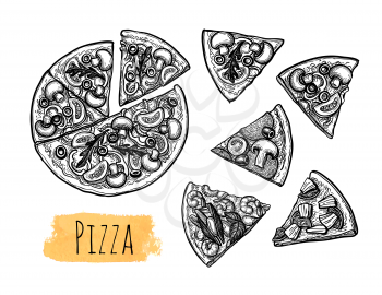 Ink sketch of pizza. Big set. Ink sketch isolated on white background. Hand drawn vector illustration. Retro style.